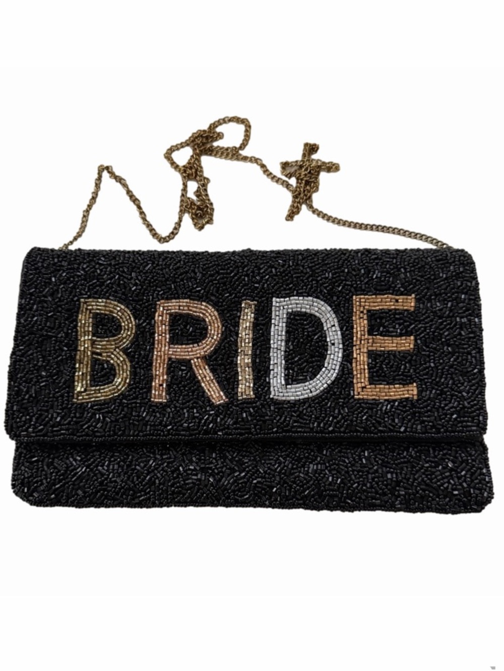 Beaded BRIDE Black Bag Purse Crossbody Clutch Gold Chain Honeymoon Shower
